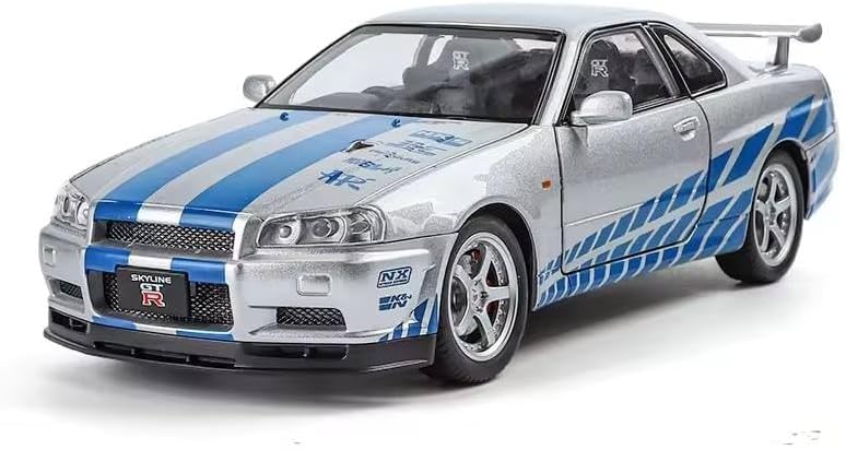 Alokik Enterprise 1:32 Silver Nissan GTR Skyline R34 Diecast Car Models Toys Metal Alloy Openable Door and Sound & Light, Pull Back Toys Gifts for Boys Best Gift Car【 Silver 】