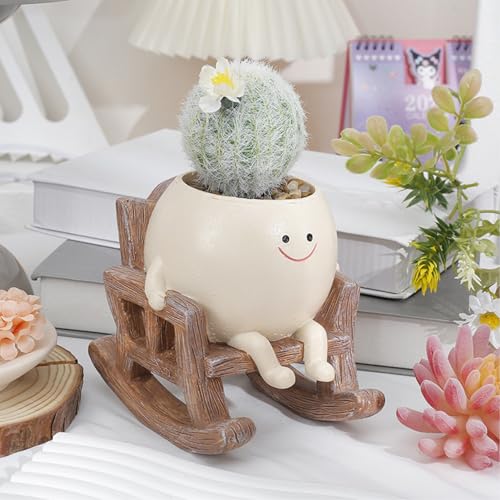 Smile Face Planter Pot, Cute Plant Pot Funny Planter, Creative Sit Rocking Chair Succulent Face Flower Pot - Image 4