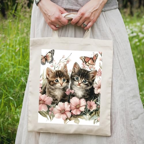 Cat Women Canvas Tote Bag - Cute Aesthetic Reusable Grocery Shoulder Bags for Gifts, Shopping, Travel, Vacation4