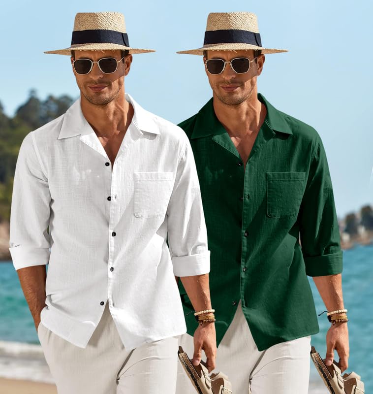 Image of Combo of Men's Casual Cotton Blend Shirt || Long Sleeve Button Down with Spread Collar | Lightweight Breathable Fabric | Stylish Solid Shirt for Beach, Office & Everyday Wear Pack of 2