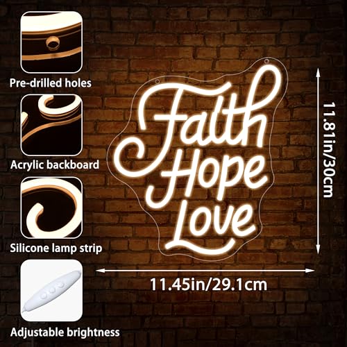 Image of Faith Hope Love Neon Sign for Wall Decor Faith Love LED Light for Man Cave | Dimmable led light, christian wedding, church prayer room wall decor, religious gift for jesus believers, size11.8*11.5 in