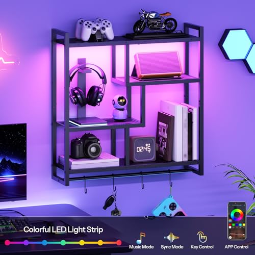 Image of HOOBRO Gaming Floating Shelves with LED Lights, 28.7 inch LED Wall Mounted Shelf, 4-Tier Floating Wall Shelf for Storage, Display Rack with Hanging Bar and 4 S Hooks, for Gaming Room, Black BB37DBJ01