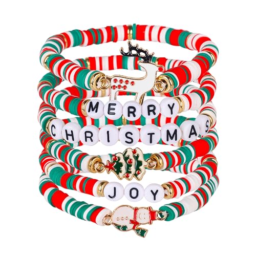 Go Ho 6 Pack Christmas Bracelets for Women: Red White Green Candy-Style Stackable Bracelets Set with Joy & Merry Charms Christmas Decorations Accessories Shirts Outfits - Gifts for Teens Girls