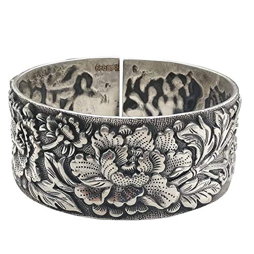 Bracelet argent S925 femme ajustable manchette large pivoine 3D
