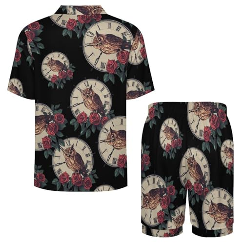 Owl Rose Flowers Clock Mens Pajamas Set Short Sleeve Sleepwear Summer Pjs Sets 2 Piece Loungewear Nightwear4