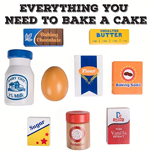 Baker\'s Mart Ingredient Set | Wooden Play Food Baking Groceries | Includes Baking Soda, Chocolate, Milk, Sugar, Vanilla, Flour, Sprinkles, Butter and Egg | Pretend Play Food Kitchen Accessories