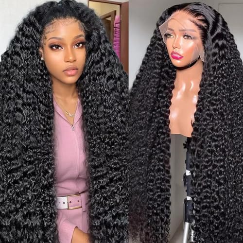 QinMei 13x6 Lace Front Wigs Human Hair 30 Inch Deep Wave Curly Lace Frontal Wigs for Black Women Wet and Wavy Glueless Wigs Pre Plucked with Baby Hair (30Inch