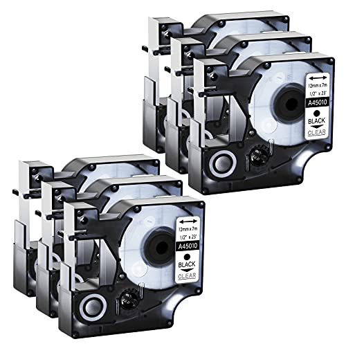 GREENCYCLE 6 Pack Compatible for Dymo D1 Black on Clear Label Tape 45010 12mm Label Maker Refills S0720500, 1/2 Inch x 23 Ft for LabelManager 160 280 PnP 360D 210D 420P
