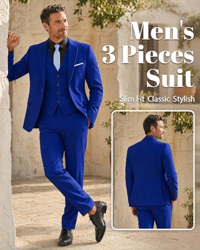 Image of MY'S Men's 3 Piece Suit Set with Tie, One Button Slim Fit Solid Jacket Vest Pants, Prom Party Wedding Business Suits for Men