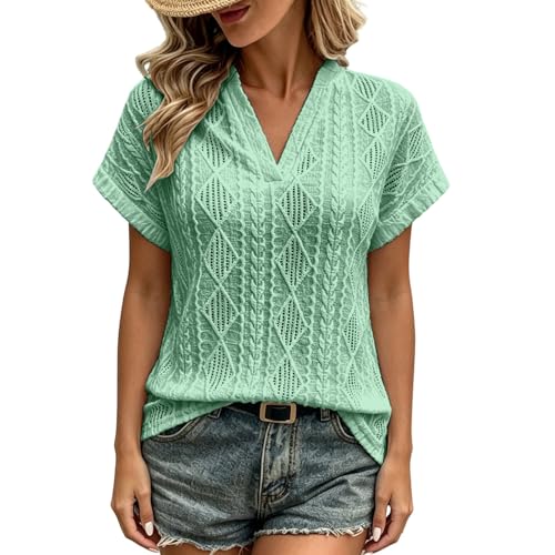 Image of Duohropke Blouses Women's Short Sleeve T-Shirt with V-Neck Knitted Tops Textured Casual Loose Fit Shirts Summer Outfits Loose Long Shirt Festive Summer Blouse Hole Embroidery Tunic, light green, L