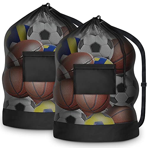 2 Pcs Extra Large Sports Ball Bag, Mesh Soccer Team Balls Bag, Drawstring Sport Equipment Storage Bag For Basketball, Beach Cloth And Swim Gears With Adjustable Shoulder Strap & Front Pocket(30” X 40”) #TOP16