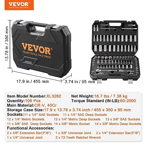 Image of VEVOR Socket Set, 1 /4 inch and 3 /8 inch Drive Socket and Ratchet Set, 6-Point Socket Opening, 106 Pcs Tool Set SAE and Metric, Deep and Standard Sockets, 5 /32-1 in, 5-19 mm, with Accessories, Storage Case