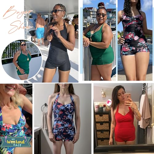 Fashion Womens Vintage Athletic Swimsuits Push Up Tummy Control One Piece Plus Bathing Suit Boyshort Swimwear (XL (US Size 6-8), Vintage Red)
