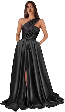 Yuxin One Shoulder Satin Prom Dresses Long Ball Gown 2023 with Pocket Long A-Line Slit Formal Evening Gowns for Women