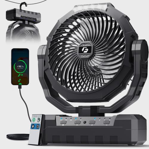 Image of FRIZCOL Camping Fan, 24000mAh Battery Powered Fan, Rechargeable Portable Fan with LED Lantern, Hanging Hook, 4 Speeds Ultra Quiet for Outdoor Tent, Travel, Beach, Fishing, Jobsite - Chicago Coal