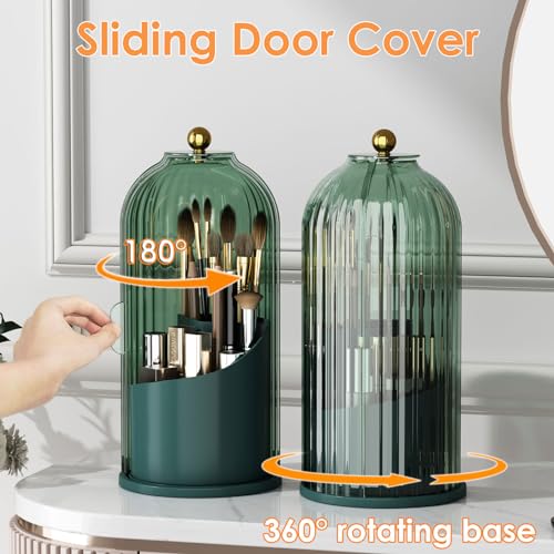 Image of YOOLENS Makeup Brush Holder with Lid 360 Rotating Clear Dustproof Make Up Organizers for Vanity Bathroom Countertop, Green