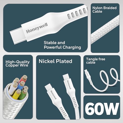 Image of Honeywell USB Type C to Type C Cable, 4 Feet (1.2M), PD 60W, QC 3.0, Fast Charging, Nylon Braided Cable for Apple Devices, Smartphones, Laptops, Power Banks, Tablets, Headphones, Speakers - White