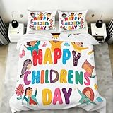 Alles Gute Zum Kindertag Bettbezug 220 X 240 cm für Kinder Jungen Mädchen, Farbenfroh Lernen Spielen Wachsen Bettbezüge Wende mit Kissenbezug Bildungsvielfalt Bettwäsche Deckung Set