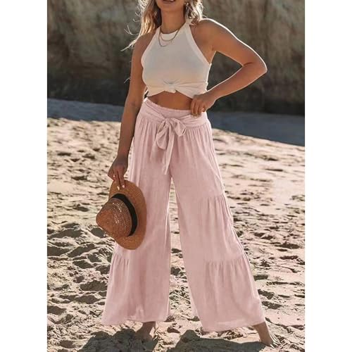 Womens Cotton Linen Wide Leg Flare Pants Fashion Belted High Waisted Layered Smocked Ruffled Solid Lounge Trousers4