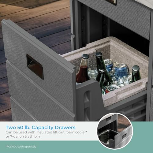 Suncast-Backyard-Oasis-Entertainment-Pull-Out-Drawers-and-Shelving-Space-Water-Resistant-Outdoor-Food-and-Bar-Unit-Gray Suncast Backyard Oasis Entertainment Pull Out Drawers and Shelving Space Water Resistant Outdoor Food and Bar Unit Gray