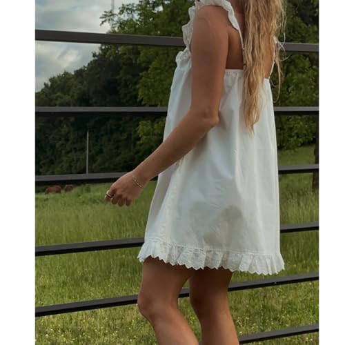 Image of Women Y2K Babydoll Mini Dress Cute Bow Lace Trim Pleated Ruffle Short Sundress Casual Party Vacation One Pieces