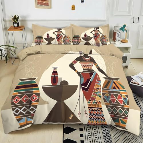 Funda Nordica Cama 90 Mujer Africana, Suave Transpirable Microfibra Ropa de Cama Tema Africano Reversible Funda Edredon 150x220 cm, 2 x Funda de Almohada 50x75 cm, 3D Funda de Edredón t.1671