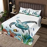 Homewish Schildkröte Tagesdecke für Jungen Kinder Mädchen,Ozeanschildkröte Steppdecke 220x240cm Kinder Wildtiere Küstentiere Tagesdecken Unterwasser Meeresleben Steppdecken raumdekor Mikrofaser