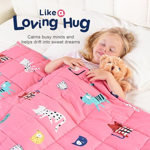 Kivik Cooling Weighted Blanket 7 Pounds, Breathable Weighted Blankets, Ultra Soft Heavy Throw for Relaxing & Sleeping, Machine Washable, 41 x 60 Inches, Cute Cat Printing, Pink