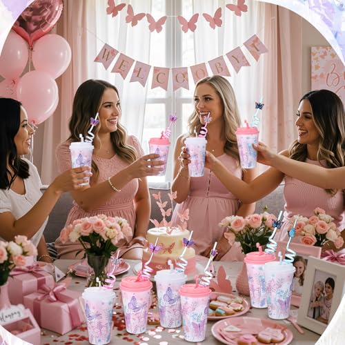 Yungyan 24 Sets Butterfly Party Favors Goodie Cups with Lids and Straws for Birthday Decorations Reusable 16oz Plastic Candy Cups Plastic Straws for Birthday Party (Butterfly) by Yungyan - Used condition - Image 6