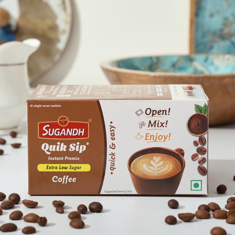 Image of Sugandh Quik Sip Instant Coffee Premix (Pack of 2) Extra Low Sugar- Single Serve Sachets - Unit Count: 2 Boxes of 10 Sachets each, Medium Roast