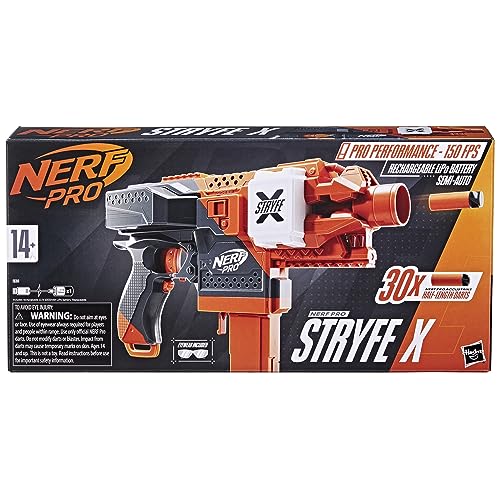 Image of NERF Pro Stryfe X Dart Semi-Auto Blaster, Rechargeable LiPo Battery, 30 AccuStrike Half-Length Darts, 15-Dart Magazine, 150 FPS, Eyewear, 14+ (Amazon Exclusive)