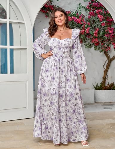 Image of EYWOL Women's Floral Puff Long Sleeve Maxi Dress Sexy Sweetheart Corset Boho Chiffon Flowy Smocked Long Dresses