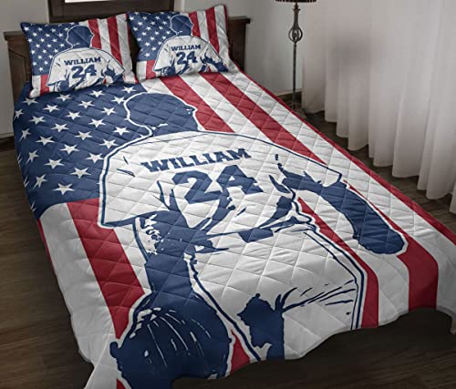 Custom Baseball Boy America Us Flag Player Fan Gift Personalized Name Number Quilt Blanket & Pillowcases, Quilts Bedding Set & Pillow Cover, King Queen Double Twin Throw Full Size Bedspread Bed Sets