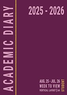 A4 Academic Diary 2025-2026 Week to View Vertical: Pink , Student Planner University Weekly August to July with Times , UK