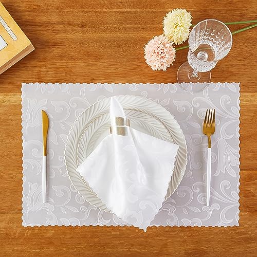 HommxJF 4 Pieces Wave Scroll Damask Jacquard White Placemats,13 x 19 inch Protect Surface Heat and Stain Resistant Dinner Mats