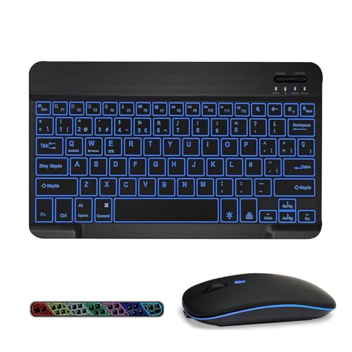 Ya en manzanajugosa.com: COEZFE Retroiluminado Teclado y Ratón Inalámbrico Bluetooth, Teclado y Ratón Recargables Silenciosos y Portátiles para iPad Tablet/PC/iOS/Android/Windows, QWERTY Español Ñ, Retroiluminado