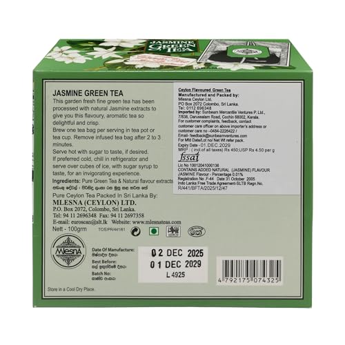 Image of Mlesna Jasmine Green Tea 100g | 50 Foil-Wrapped Tea Bags | Pure Ceylon Green Tea | Rich in Antioxidant | Imported from Sri Lanka