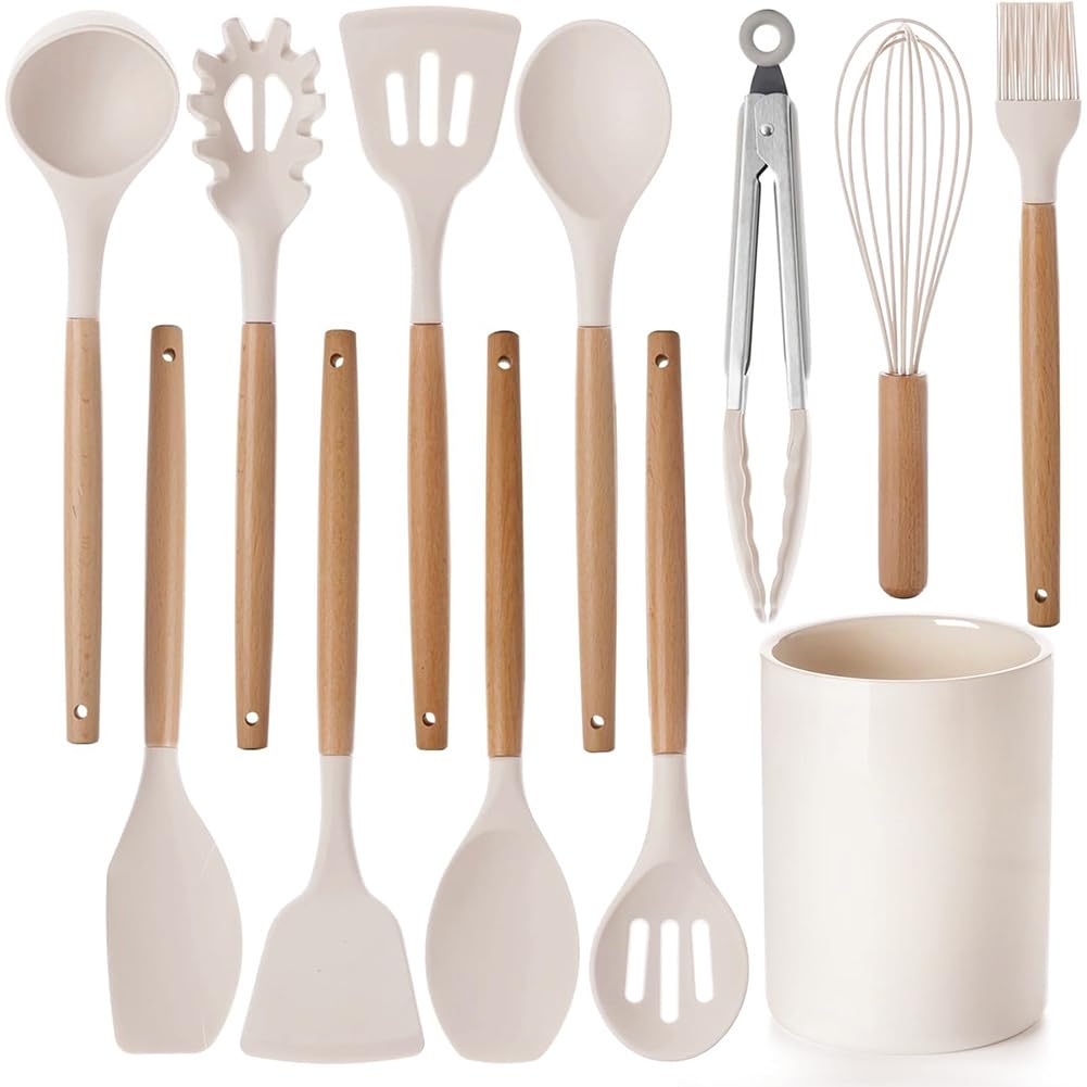12 Pcs Kitchen Utensil Set, Silicone Cooking Utensils Set with Wooden Handle, Heat Resistant, Nonstick Cookware Tongs Spatula Spoon Set with Storage Bucket for Home, Camping, Dishwasher Safe (Beige)