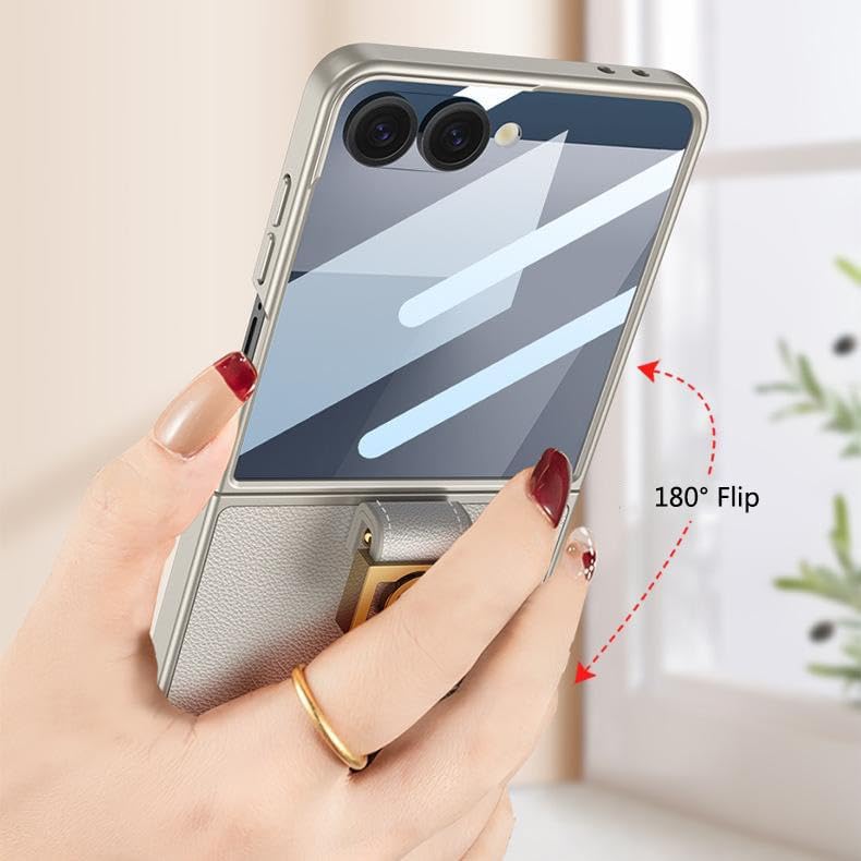 Ultra-Thin Fold Phone Case for Samsung Galaxy Z Flip7, Creative Plated Metal Z-Ring, Ring, Integrated Shell and Membrane, Protective Cover for Z Flip7 (Black,Leather)