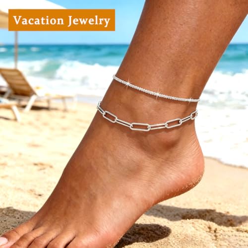 Image of Yalice 925 Sterling Silver Ankle Bracelets for Women Dainty 14K Gold Plated Anklets Set Shiny Waterproof Ankle Chain Cross Beach Foot Jewelry Gifts
