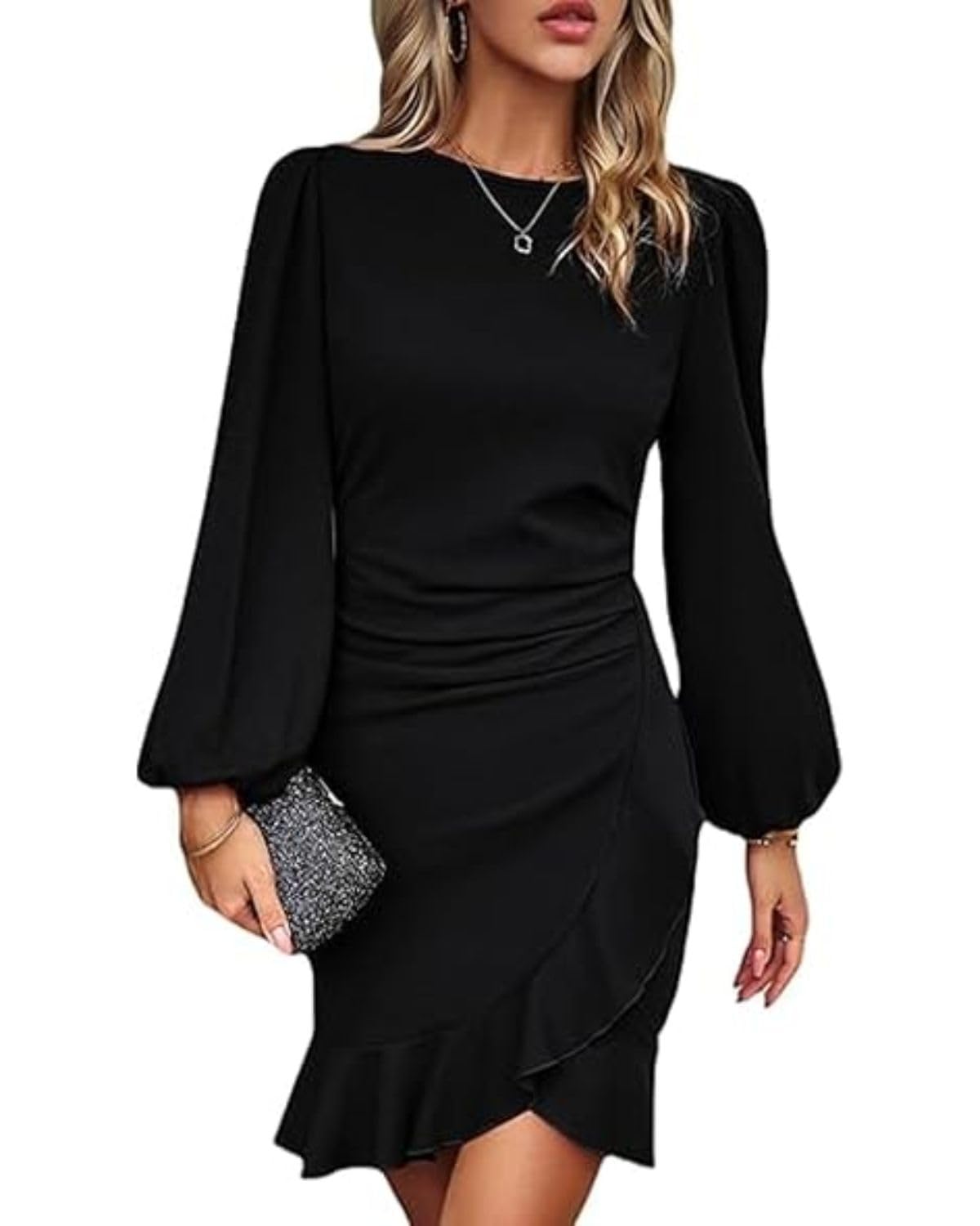 Womens Long Sleeve Bodycon Mini Dress Ruched Ruffle Hem Round Neck Pencil Dress Solid