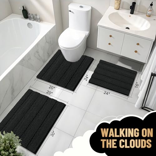 Image of OLANLY Thick Toilet Rugs U-Shaped 24x20, Extra Soft Absorbent Chenille Striped Contour Bathroom Rugs for Toilet, Dry Quickly, Machine Washable, Non-Slip Bath Mat, Black