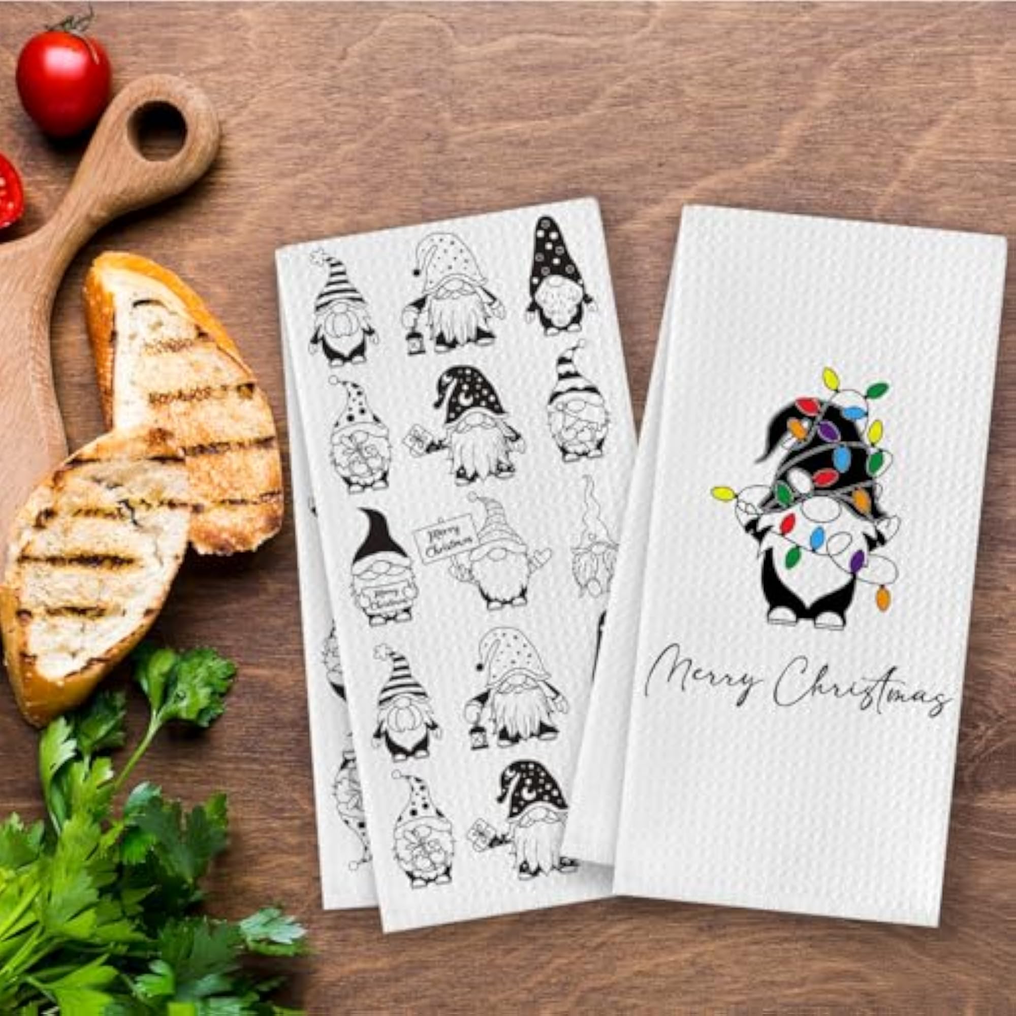 Black and White Christmas Gnome Kitchen Dish Towels