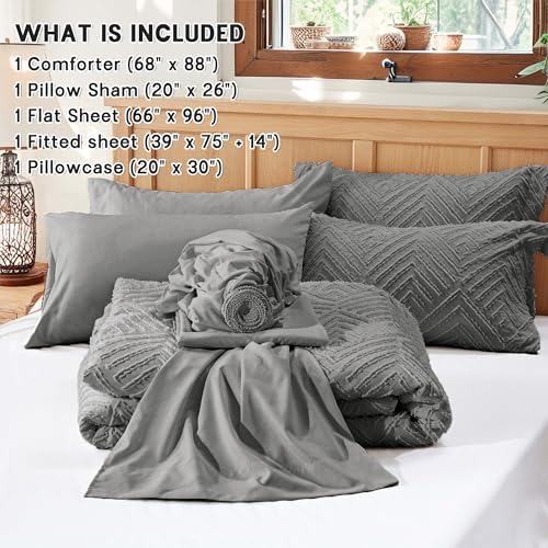 Image of Zzlpp Twin Comforter Set 5 Pieces, Dark Grey Tufted Bed in a Bag with Comforter and Sheets, All Season Boho Bedding Sets with 1 Comforter, 1 Pillow Sham, 1 Pillowcase, 1 Flat Sheet, 1 Fitted Sheet