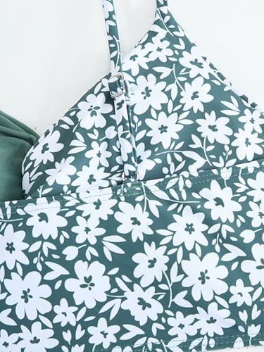 Image of Girl's 3 Piece Bikini Set Floral Print Front Knot Swimwear Bathing Suit with Wrap Cover Up Skirts Green 12Y