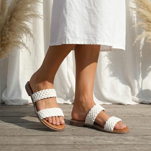 Image of Tilocow Women's Flat Sandals Two Strap Summer Dressy Studded Slide Sandals Open Toe Cute Casual Slip on Comfort Shoes for Beach Travel Daily Wear