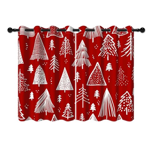 YONGFOTO 117x138cm Cortinas navideñas para Dormitorio Nórdico Árbol de Navidad Rojo Copos de Nieve Cortinas Opacas con Ojales para Decoración Navideña de Invierno para Sala de Estar, 2 Paneles