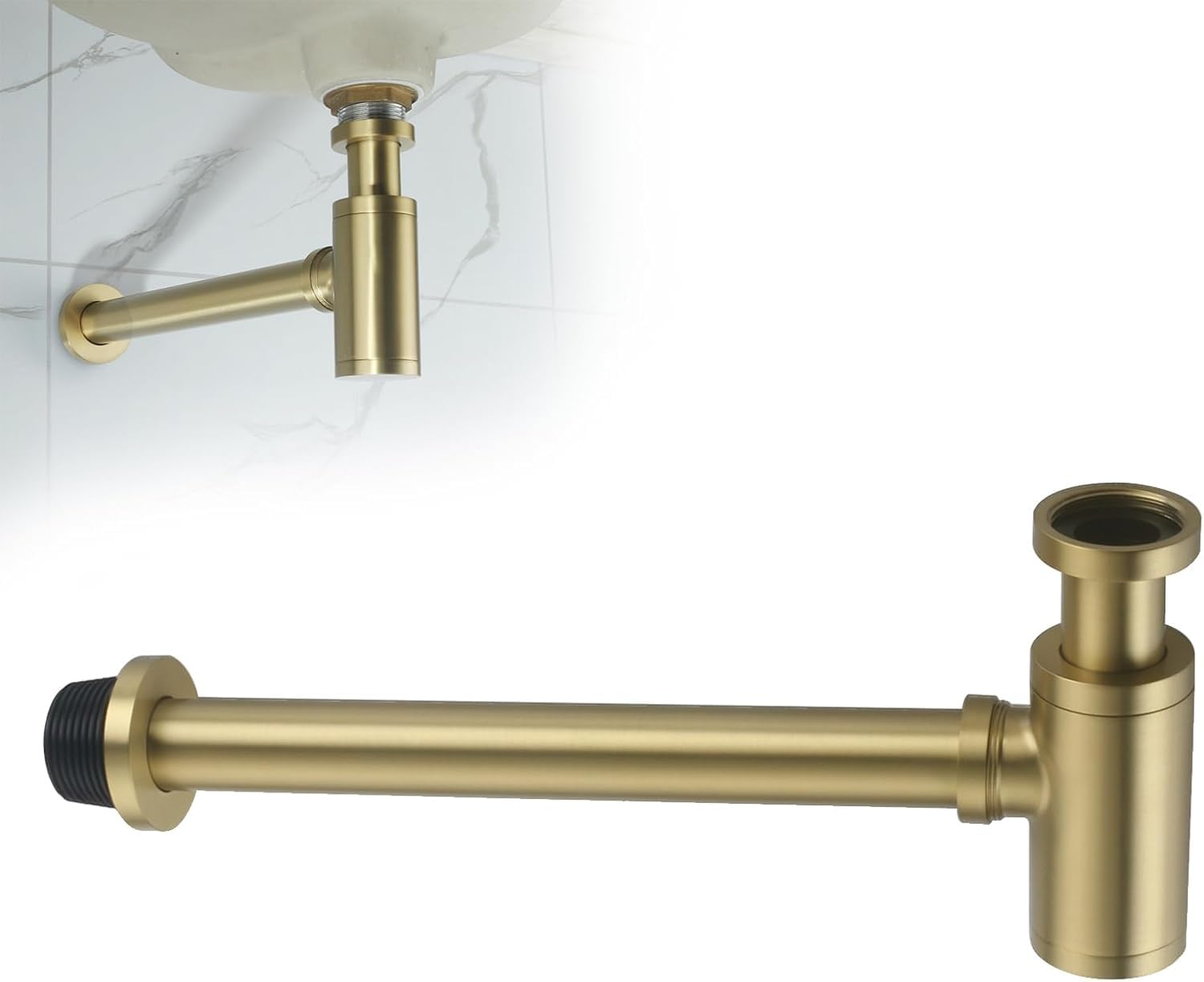 InArt® Heavy Duty Brass Bottle Trap for Wash Basin & Kitchen Sink | Brushed Gold Finish with 12 Inch Pipe & Wall Flange | Anti-Clog, Rust-Proof, Reusable, Easy Installation (Brushed Gold)