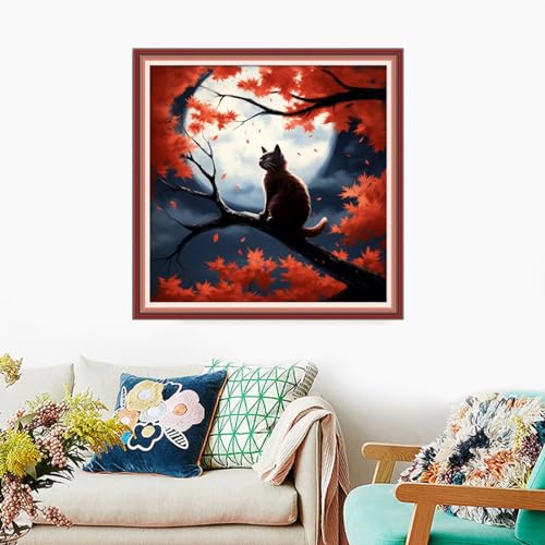 Image of Foxdiviy Stamped Cross Stitch Kits Full Range of Embroidery Needlework Starter Kits for Beginners Adults 11CT Embroidery Patterns Art Crafts DIY Needlepoint Kits-Cats Admiring Moon 18x18 inch