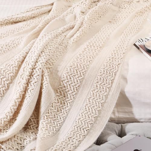 CREVENT Farmhouse Knit Throw Blanket for Couch Sofa Chair Bed Home Decoration, Soft Warm Cozy Light Weight (127cmX152cm Beige/Ivory)